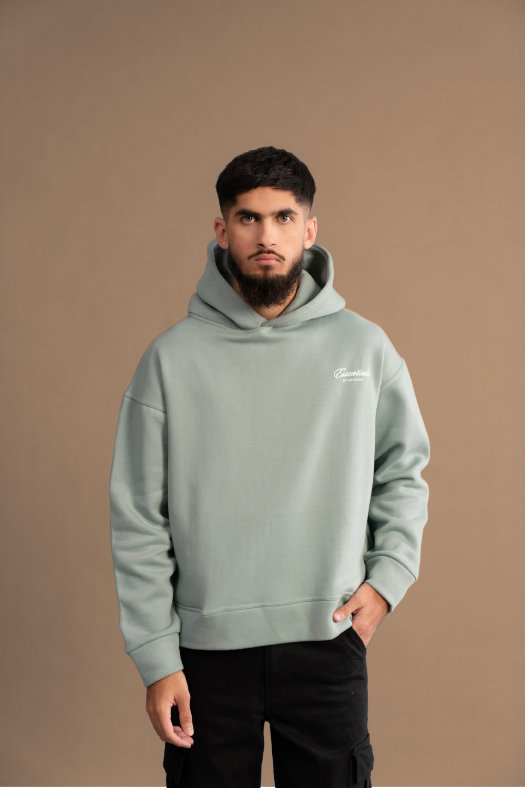 Wear Anarchy Aqua Green Essential Hoodie for men with relaxed fit, long sleeves and embroidered chest logo