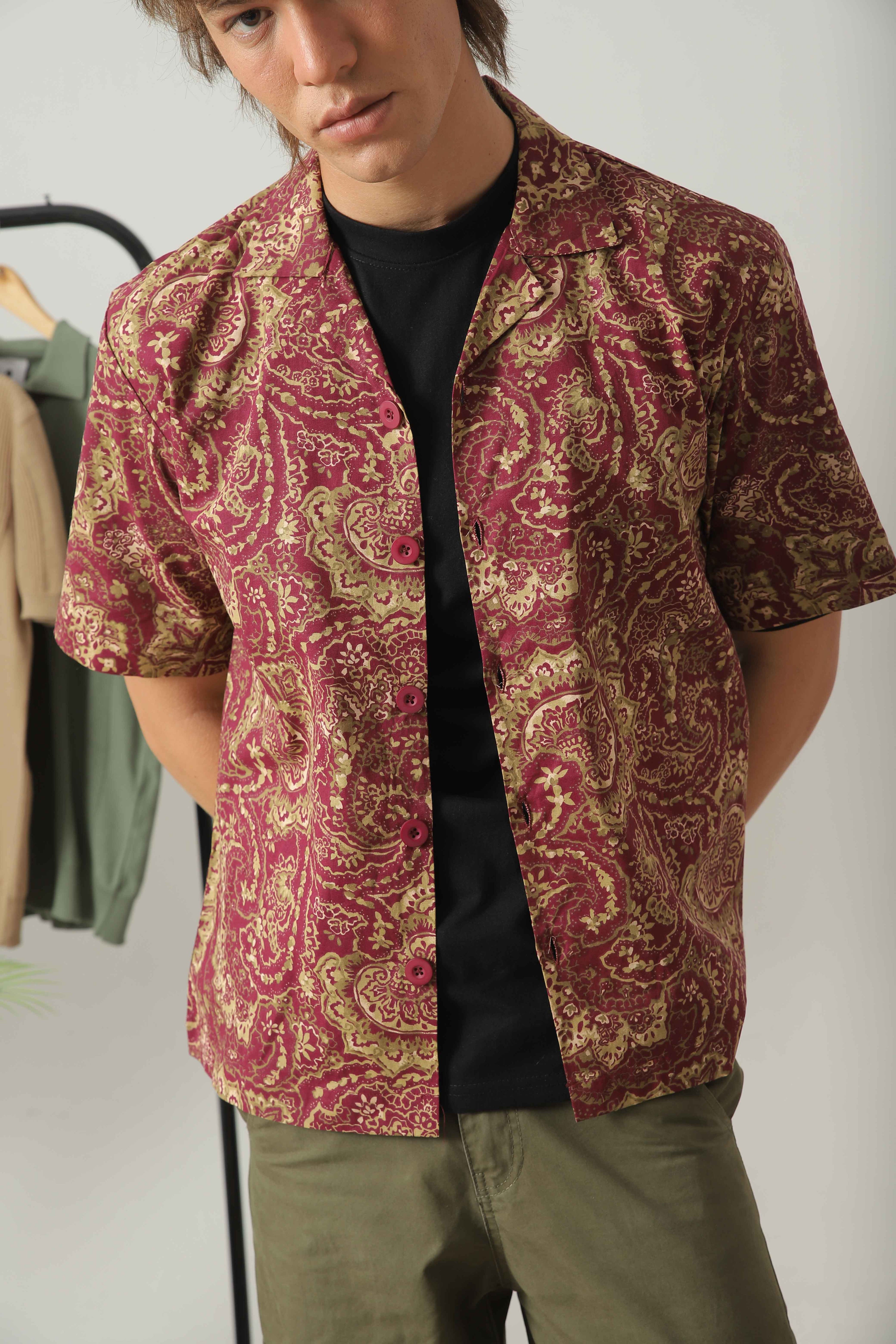 Close-up of Wear Anarchy bandana print resort shirt for men with short sleeves and open camp collar