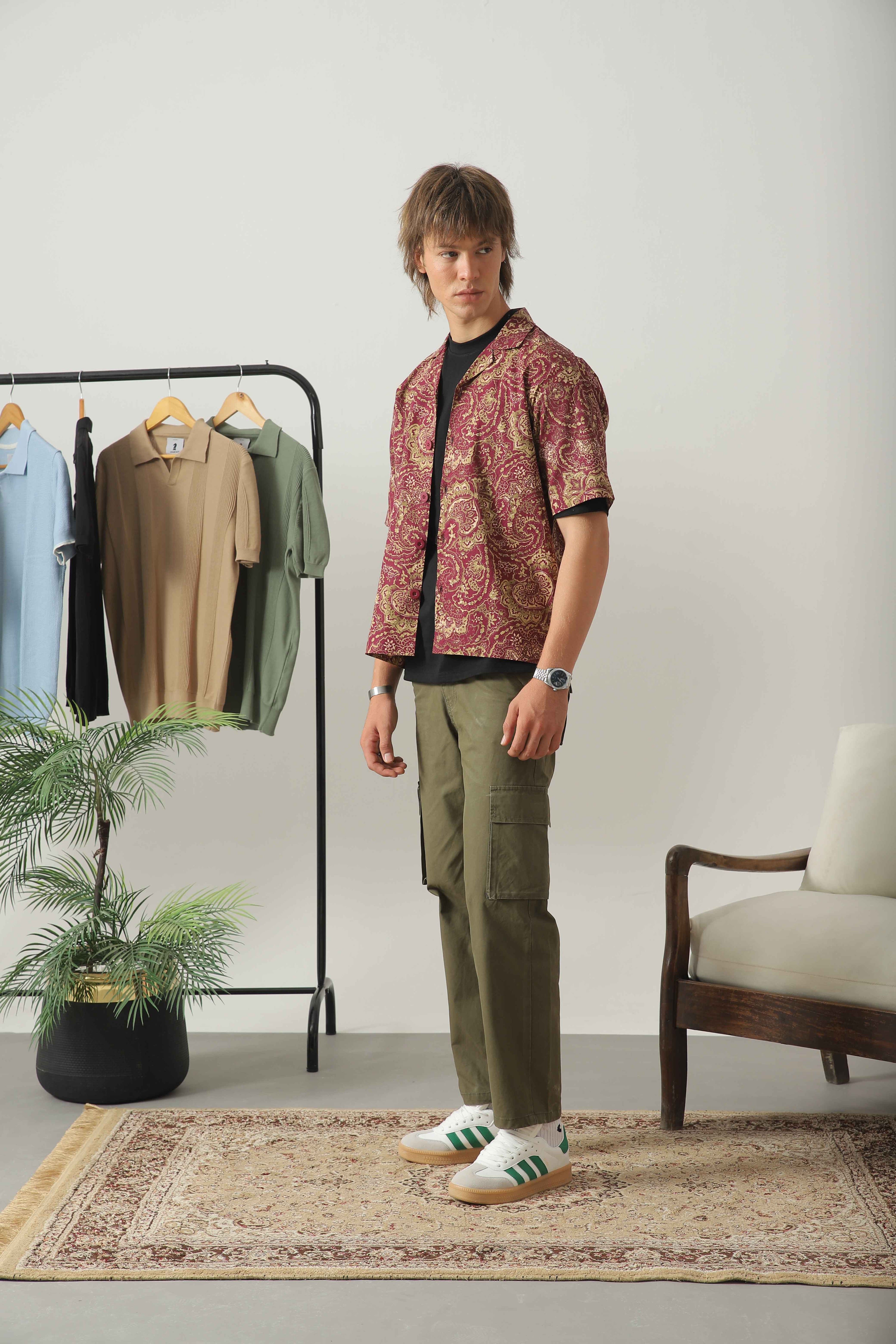Wear Anarchy bandana print resort shirt for men styled with olive cargo trousers and casual sneakers