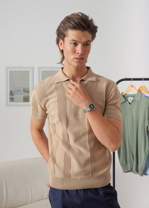 Wear Anarchy beige textured knit polo shirt for men with short sleeves and ribbed hem