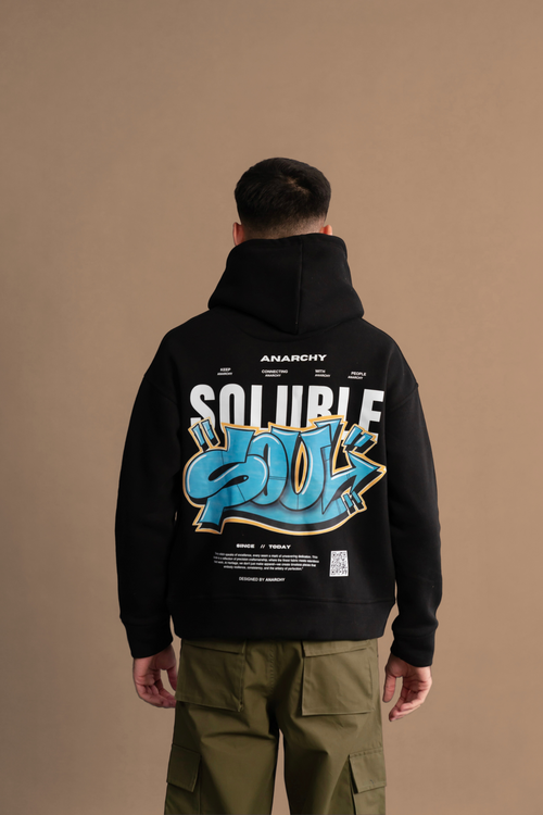 Back view of Wear Anarchy Black Graphic Hoodie for men featuring a bold blue Soul graphic print
