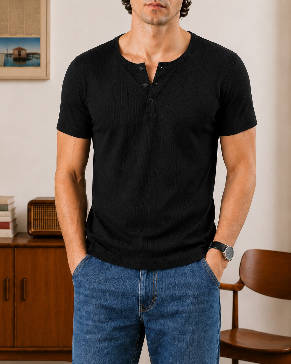 Front close-up of Wear Anarchy black ribbed Henley shirt for men with short sleeves and three-button placket