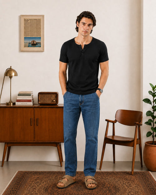 Wear Anarchy black ribbed Henley shirt for men styled with blue jeans and casual sandals