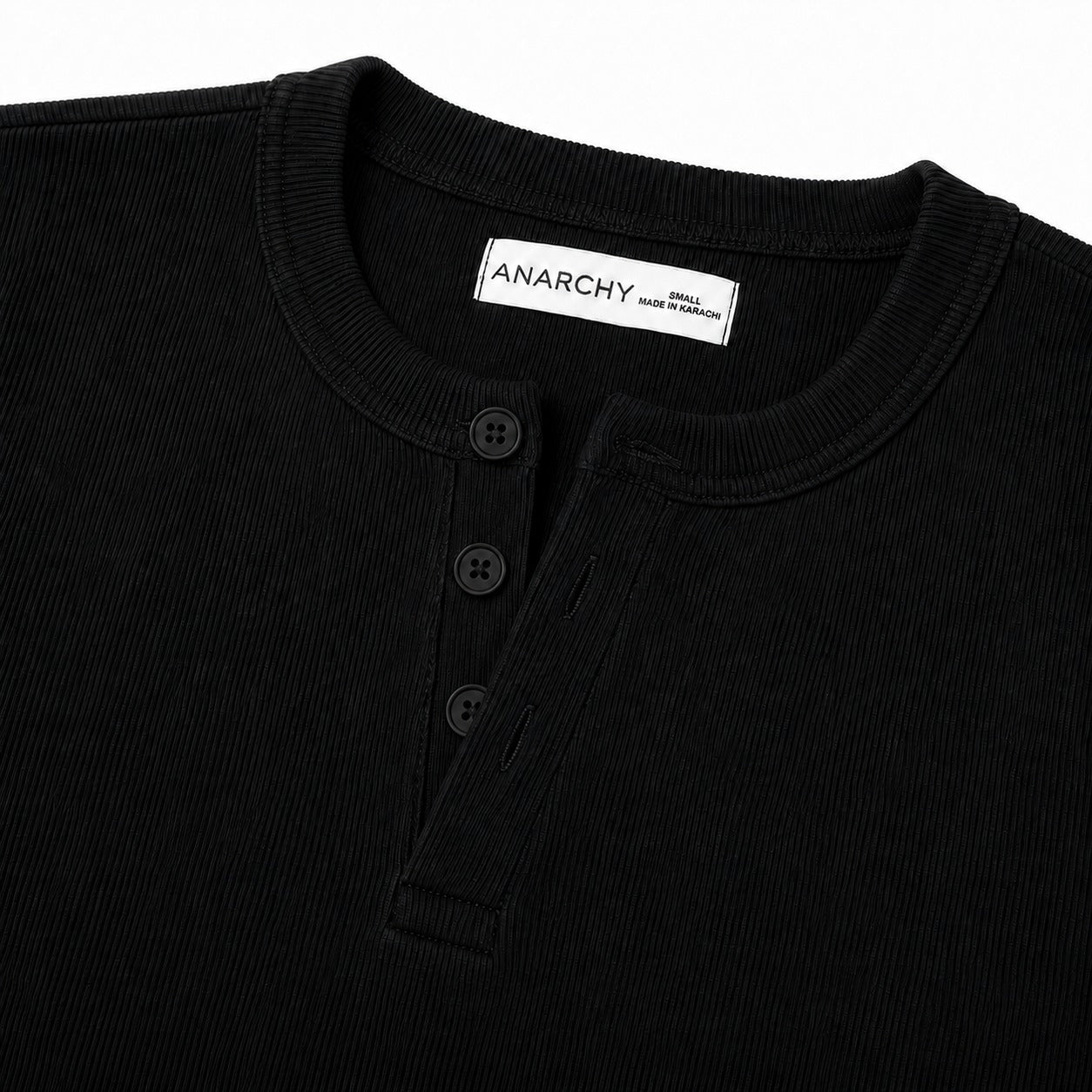 Close-up of Wear Anarchy black ribbed Henley shirt with round neck and three-button placket
