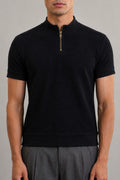 Wear Anarchy black textured quarter-zip polo shirt for men with short sleeves, mock neck and ribbed hem