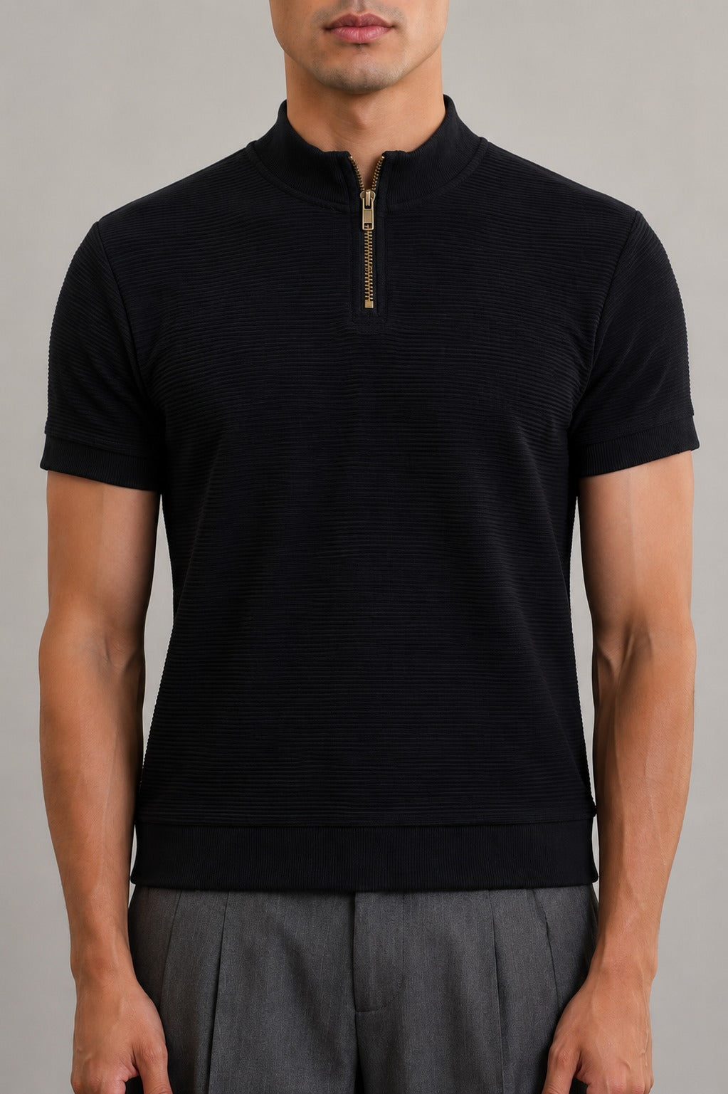 Wear Anarchy black textured quarter-zip polo shirt for men with short sleeves, mock neck and ribbed hem