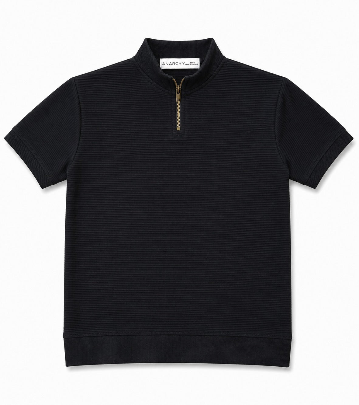 Wear Anarchy black textured quarter-zip polo shirt for men with short sleeves, mock neck and ribbed hem front view