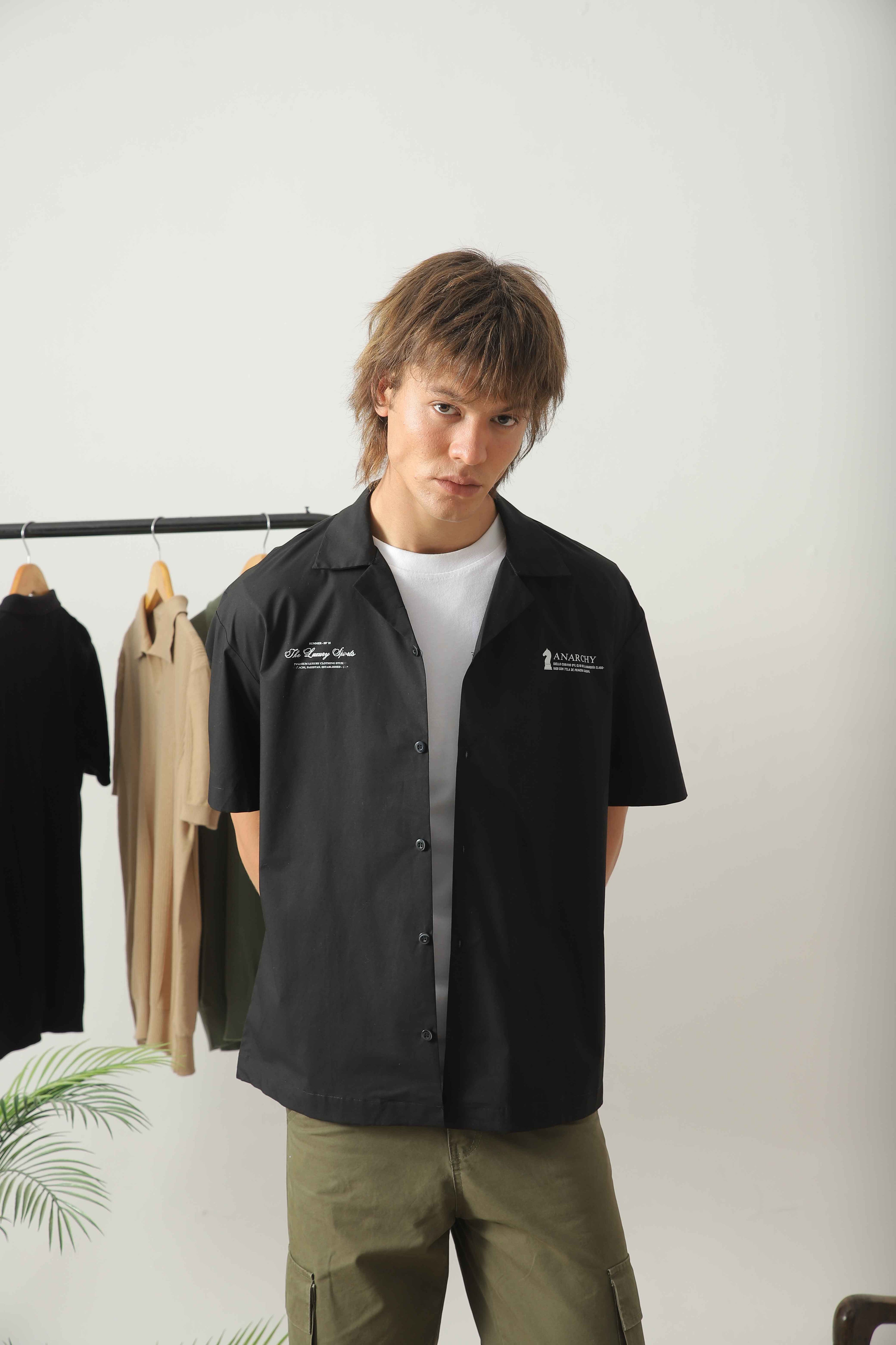 Wear Anarchy black vintage Cuban shirt for men with short sleeves, button front and embroidered chest details