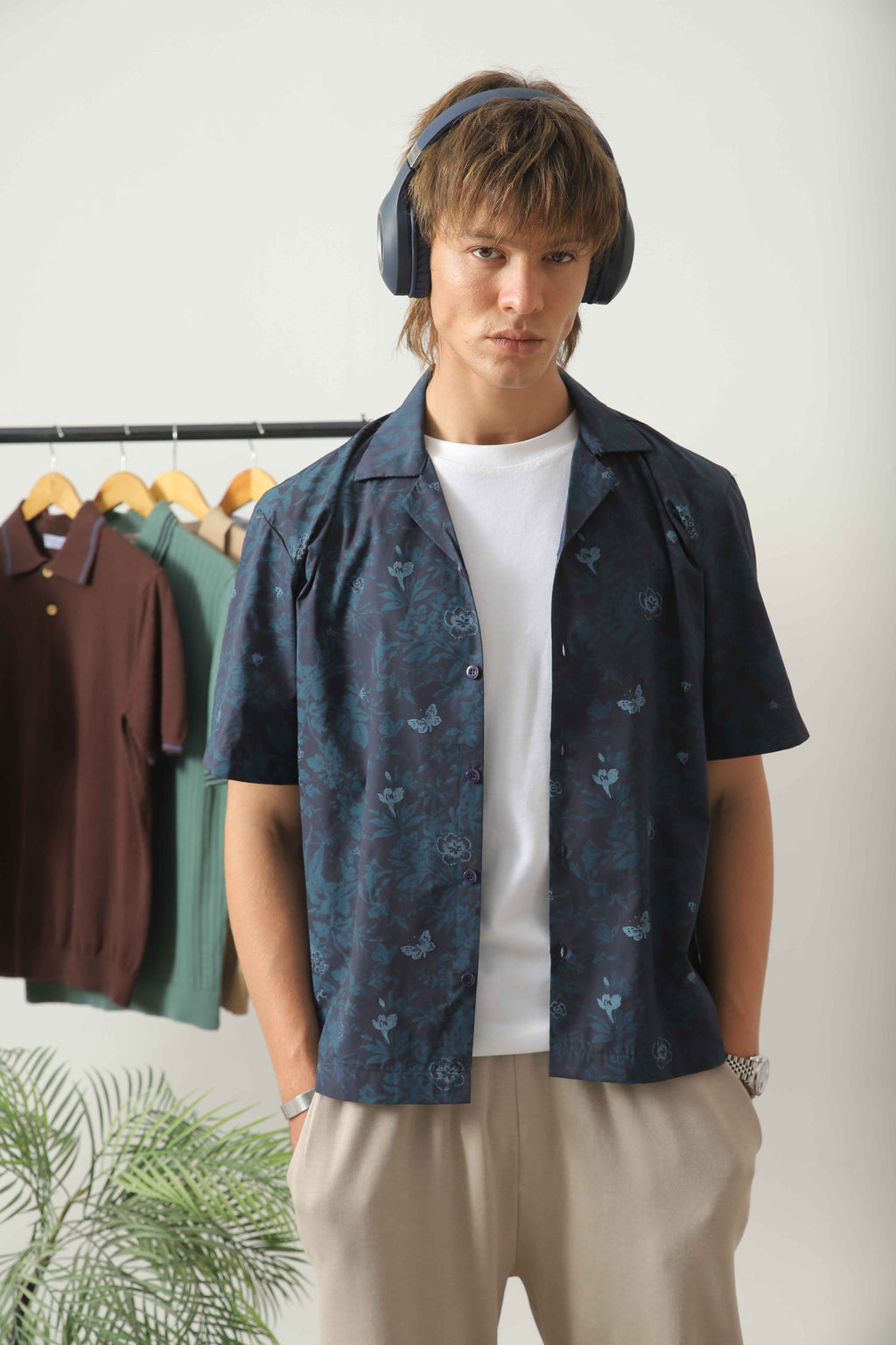 Wear Anarchy blue print resort shirt for men with short sleeves and open camp collar