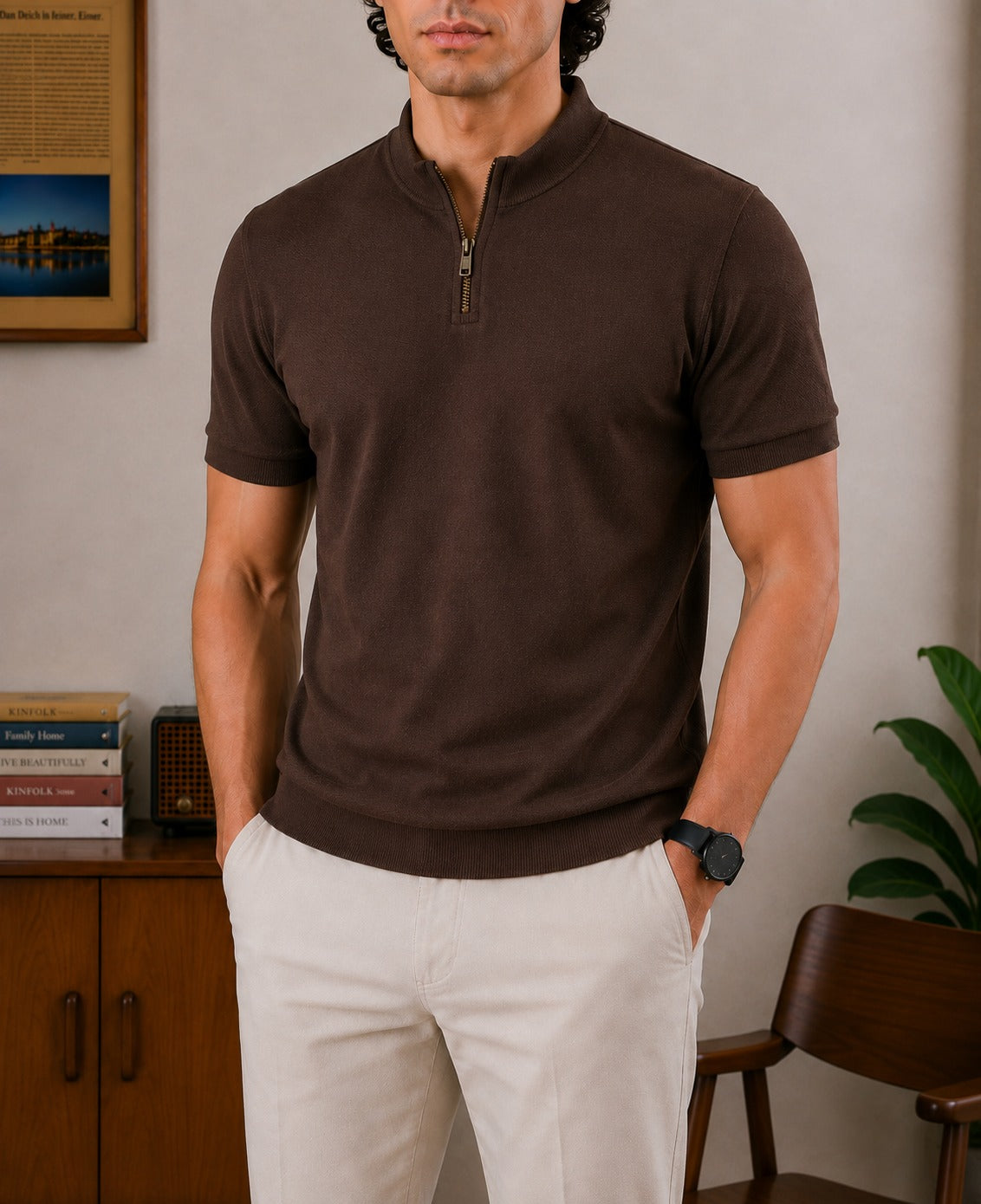 Close up view of Wear Anarchy Brown Mock Neck Zipper Polo showing textured fabric, mock neck collar and zipper detail