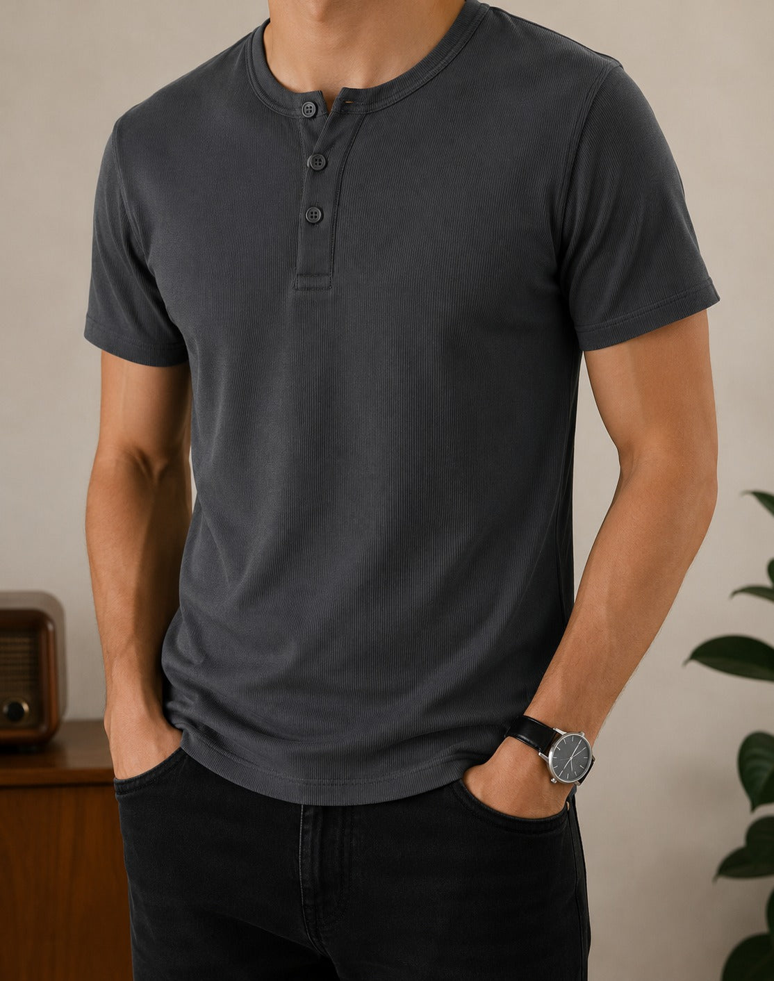 Wear Anarchy charcoal grey ribbed Henley shirt for men with short sleeves and three-button placket