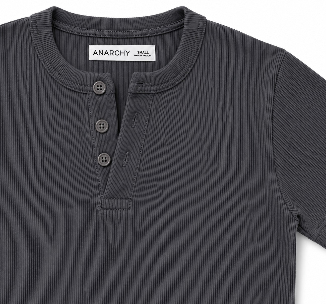 Close-up of Wear Anarchy charcoal grey ribbed Henley shirt with round neck and three-button placket