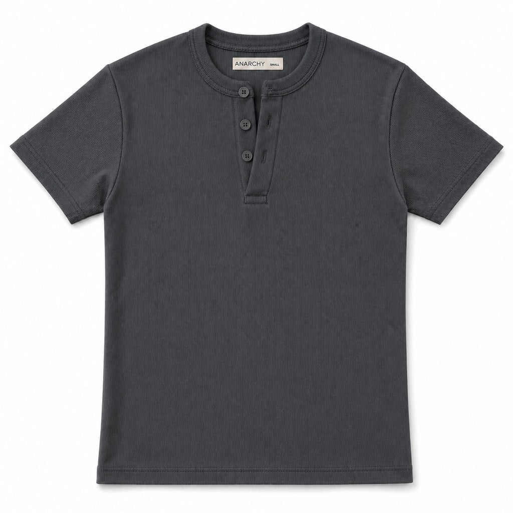 Wear Anarchy charcoal grey ribbed Henley shirt for men with short sleeves and three-button placket front view