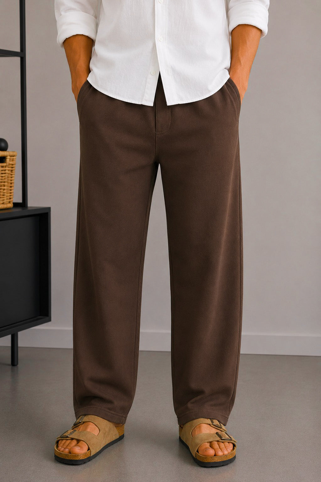 Front view of Wear Anarchy chocolate brown terry trousers for men with a relaxed straight-leg fit