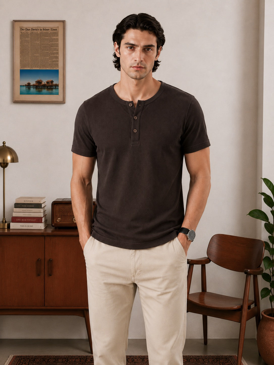 Wear Anarchy dark brown ribbed Henley shirt for men with short sleeves and three-button placket