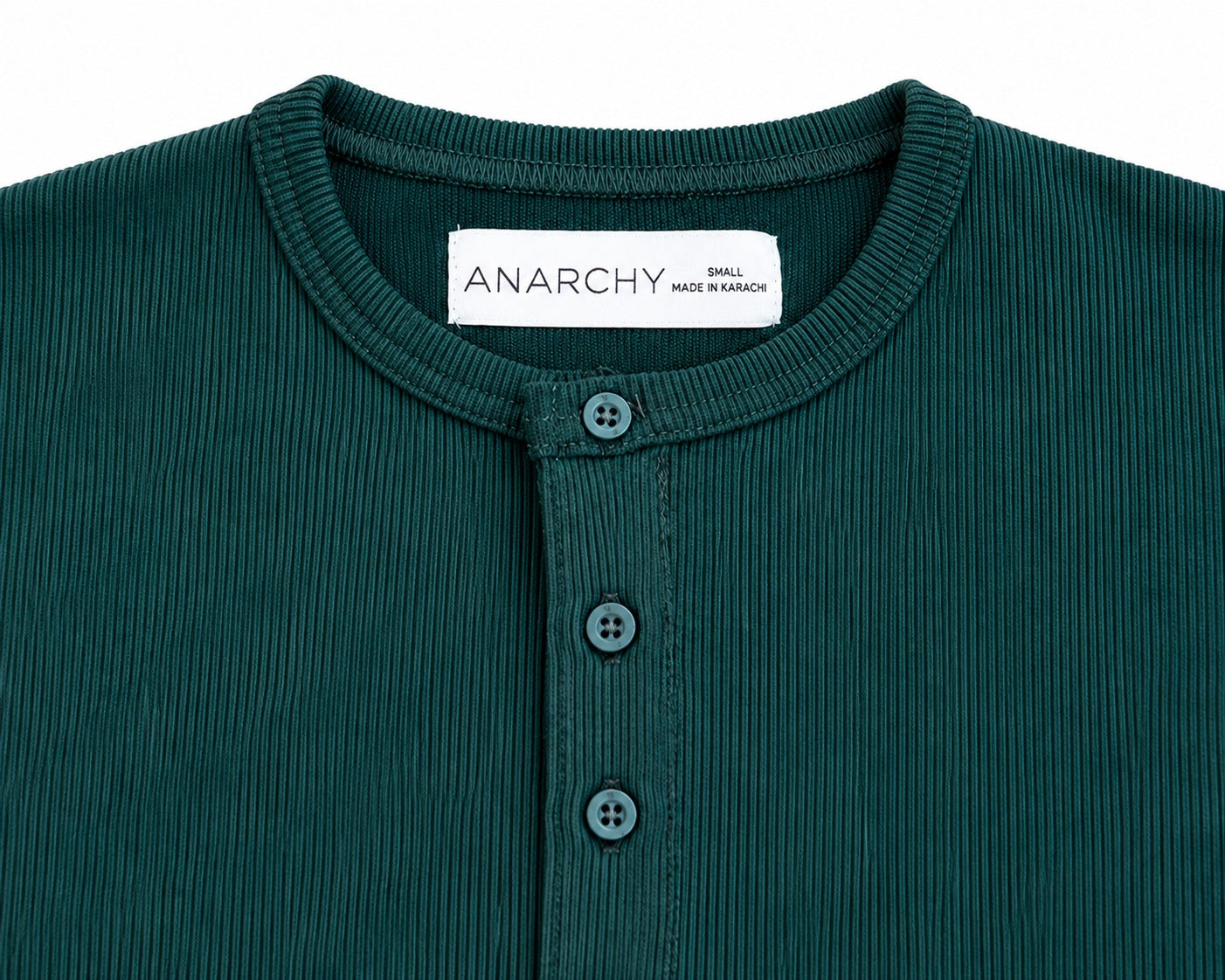 Close-up of Wear Anarchy deep green ribbed Henley shirt with round neck and three-button placket