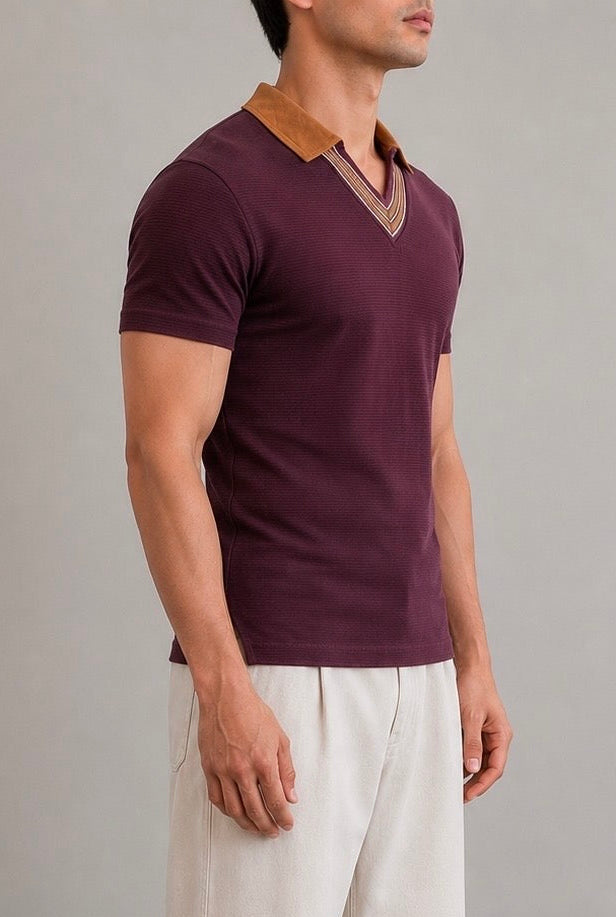 Side view of Wear Anarchy maroon polo shirt for men with camel collar and striped V-neck trim