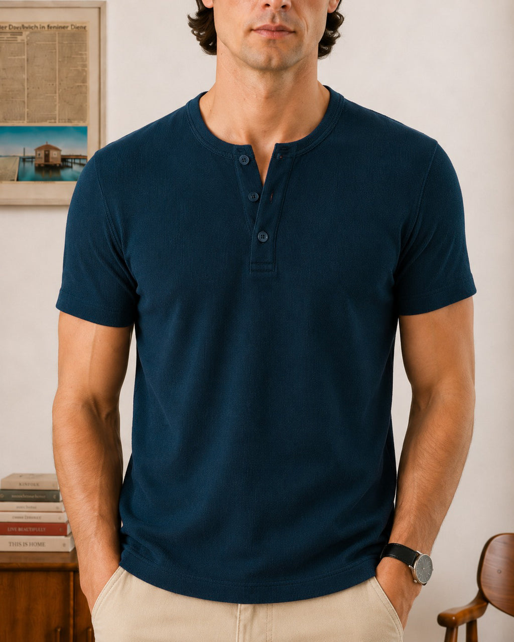 Wear Anarchy navy blue ribbed Henley shirt for men with short sleeves and three-button placket