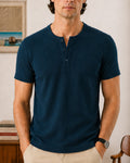 Wear Anarchy navy blue ribbed Henley shirt for men with short sleeves and three-button placket