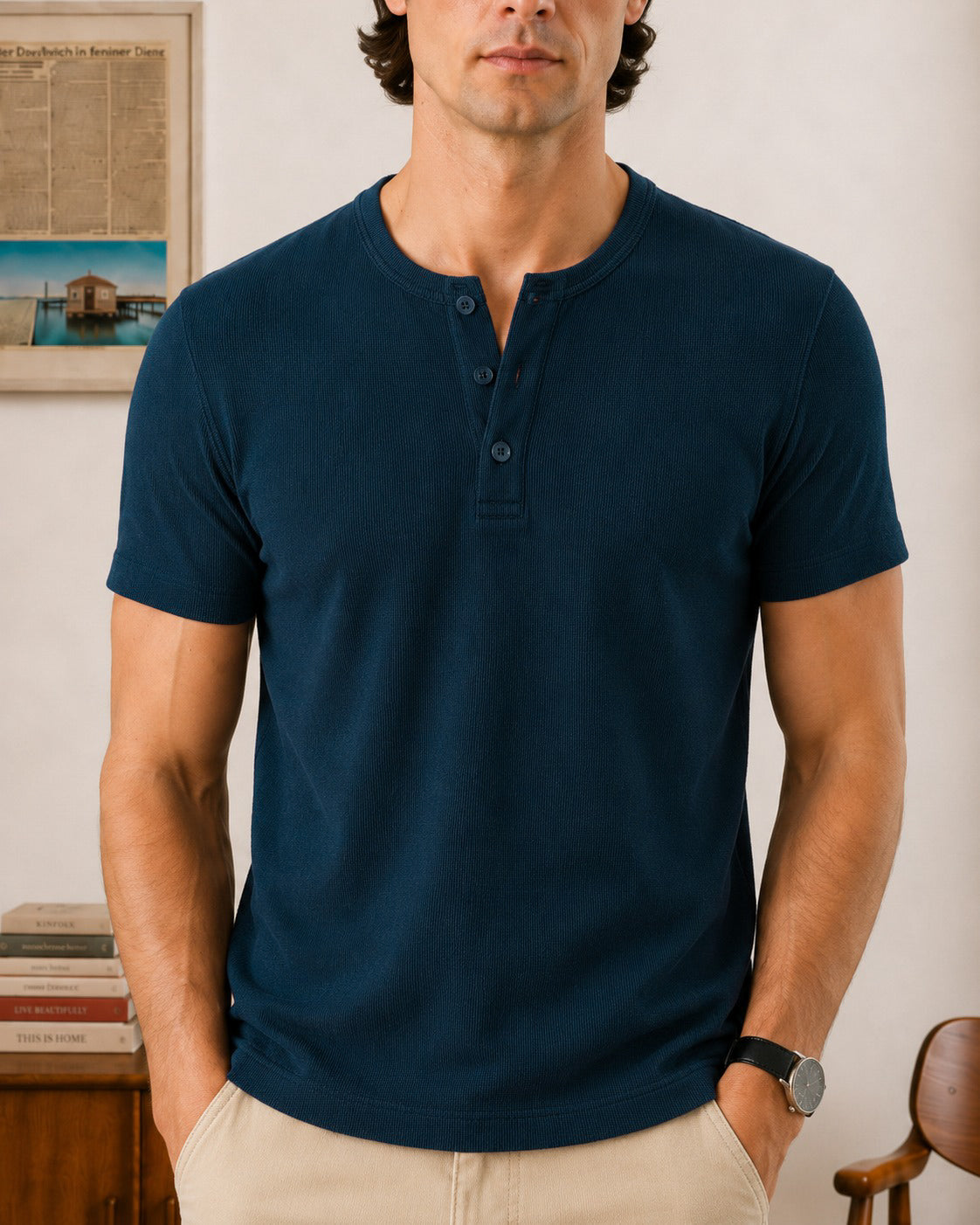 Wear Anarchy navy blue ribbed Henley shirt for men with short sleeves and three-button placket