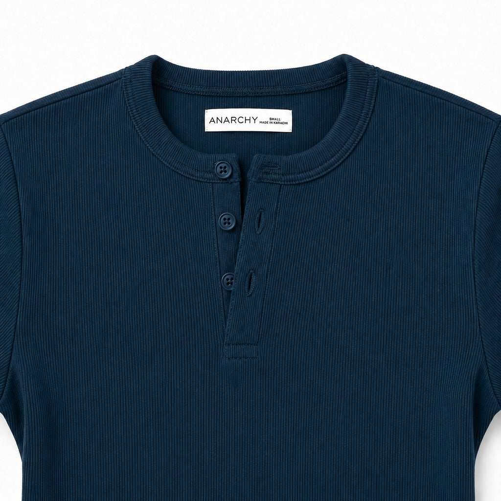 Close-up of Wear Anarchy navy blue ribbed Henley shirt with round neck and three-button placket