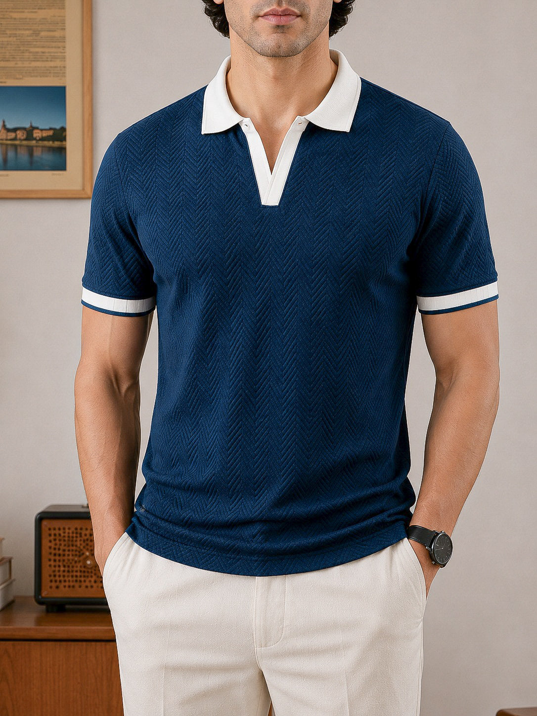 Wear Anarchy navy blue textured polo shirt for men with white contrast collar and striped sleeve trim