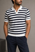 Wear Anarchy navy and white striped polo shirt for men with white contrast collar and short sleeves