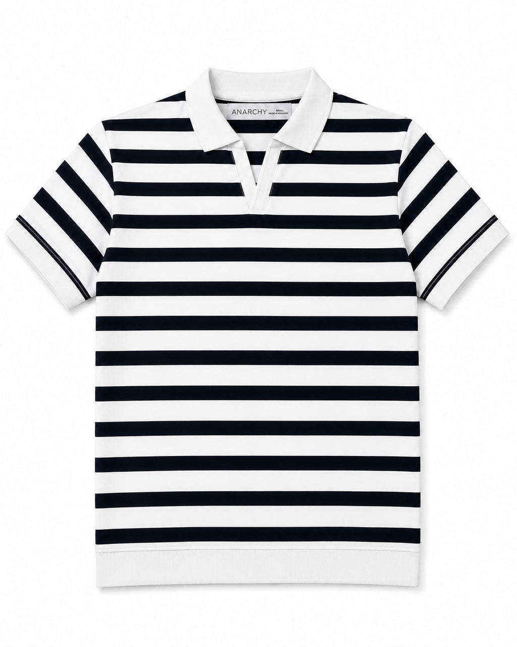 Wear Anarchy navy and white striped polo shirt for men with white collar, short sleeves and ribbed hem front view