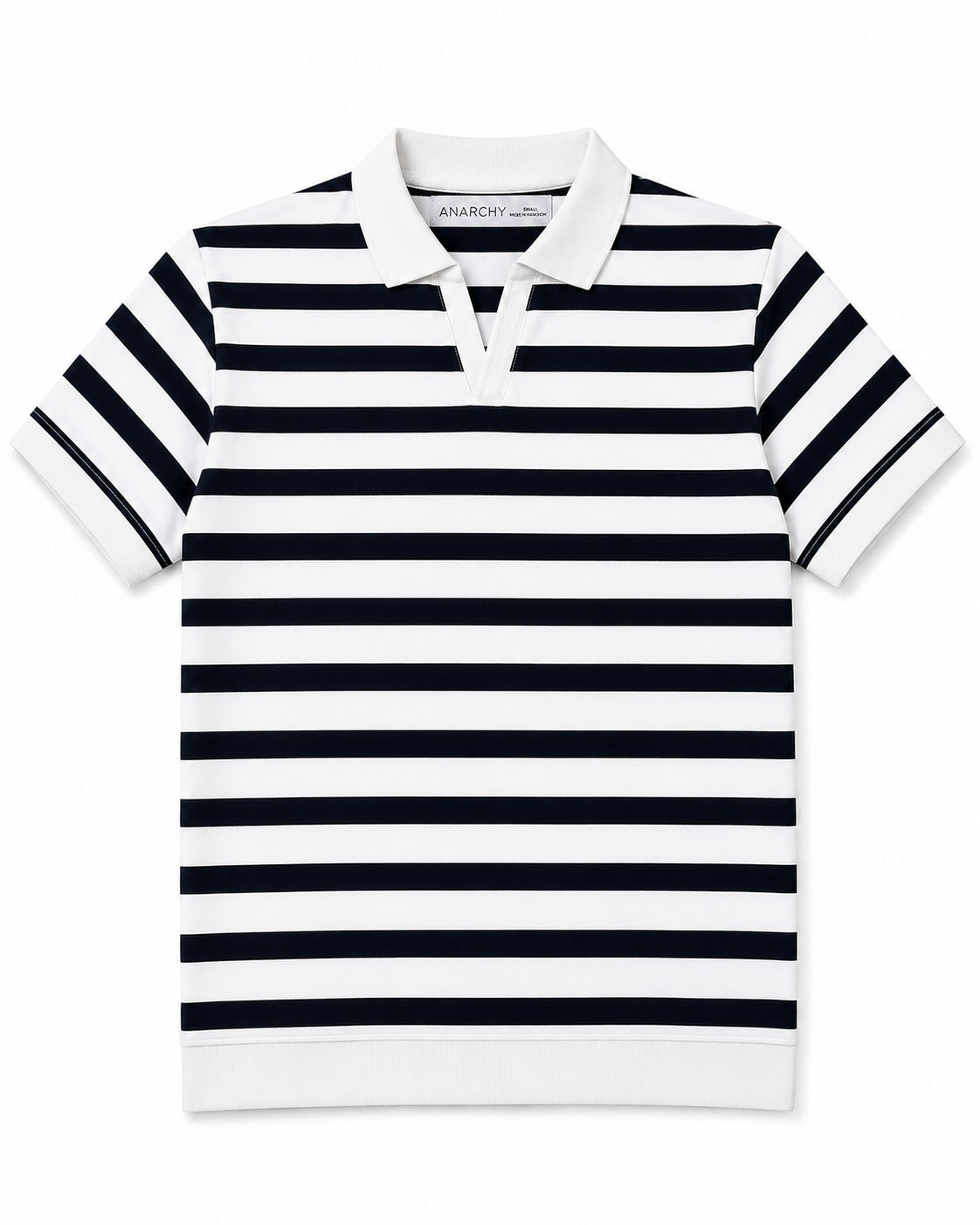 Wear Anarchy navy and white striped polo shirt for men with white collar, short sleeves and ribbed hem front view
