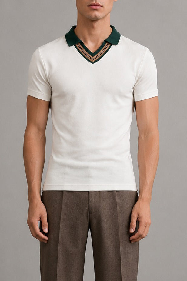 Wear Anarchy off-white polo shirt for men with dark green collar and striped V-neck trim