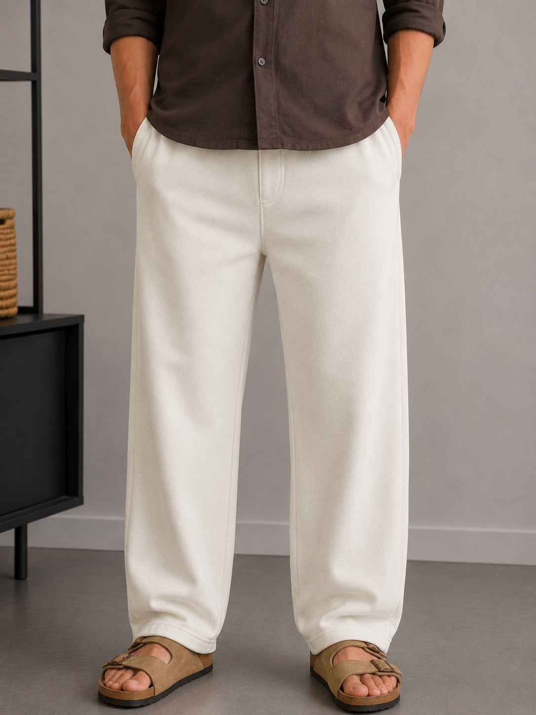 Front view of Wear Anarchy off-white terry trousers for men with a relaxed straight-leg fit and side pockets