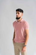 Wear Anarchy Pink Knitted Polo for men with textured knit fabric, short sleeves and open collar