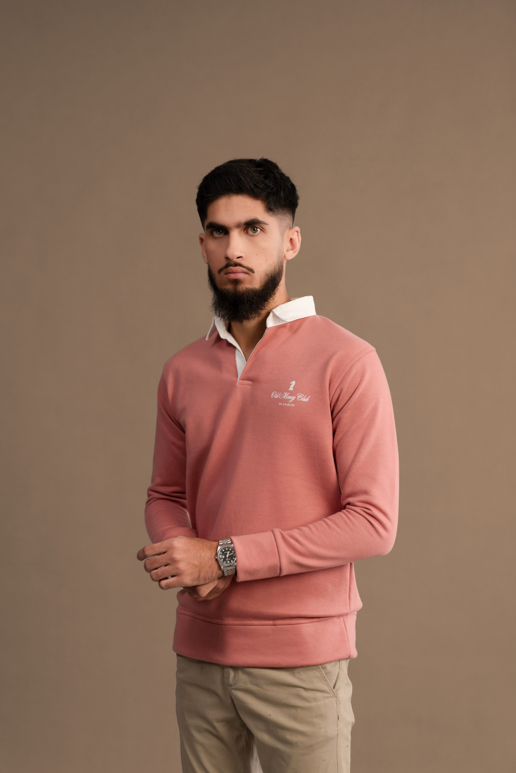 Wear Anarchy Pink Rugby Sweatshirt for men with white contrast collar, long sleeves and embroidered chest detail
