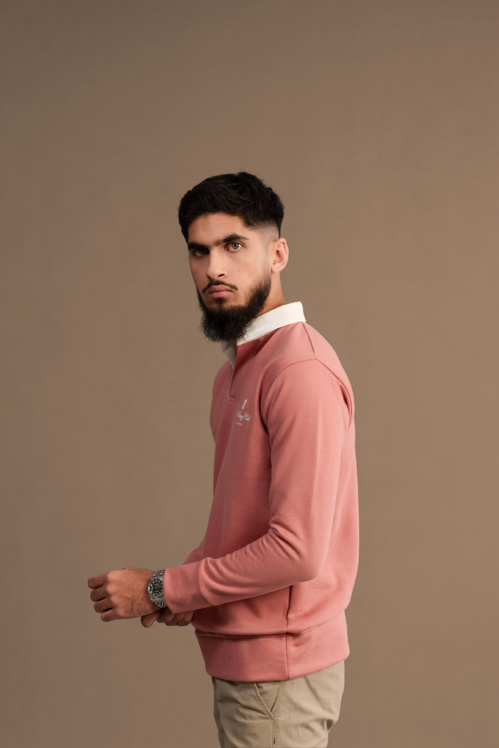 Side view of Wear Anarchy Pink Rugby Sweatshirt for men with white contrast collar and long sleeves