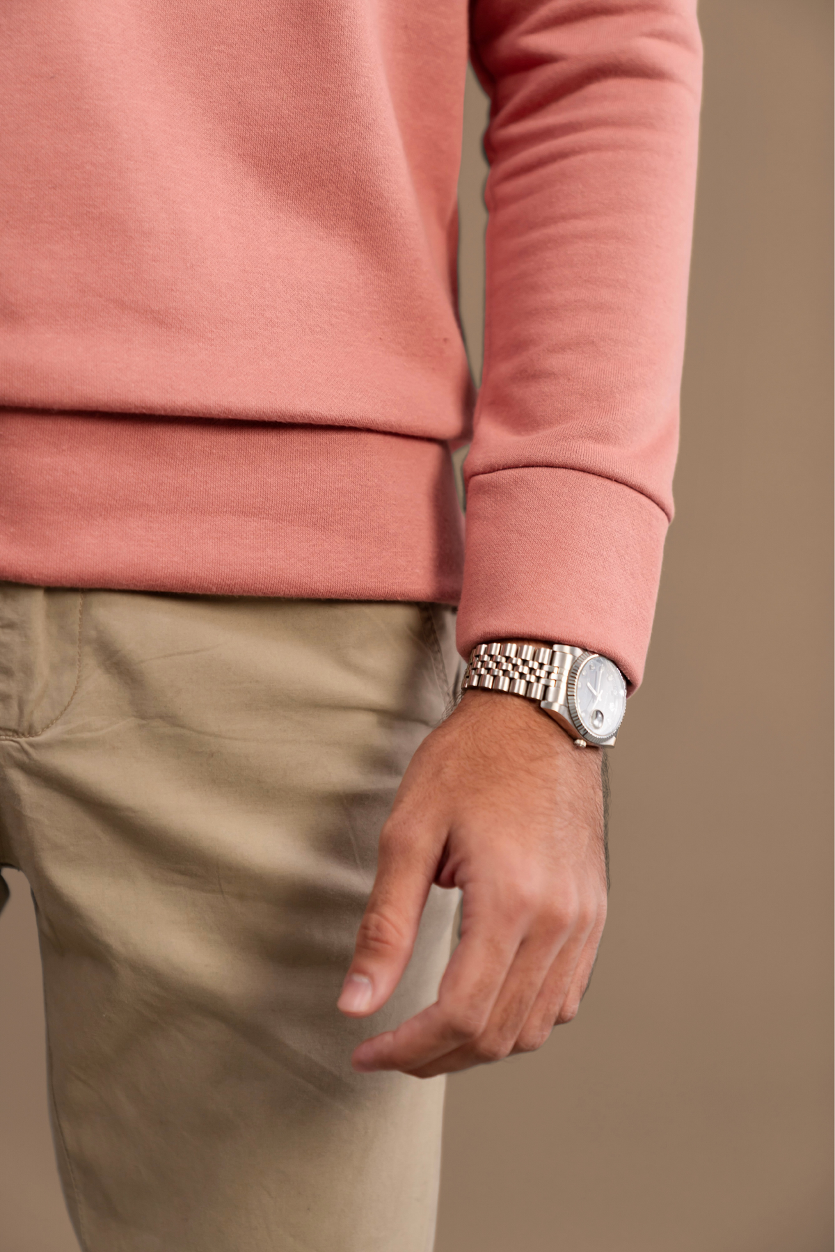 Close-up of Wear Anarchy Pink Rugby Sweatshirt showing fabric texture, long sleeve and ribbed cuff detail