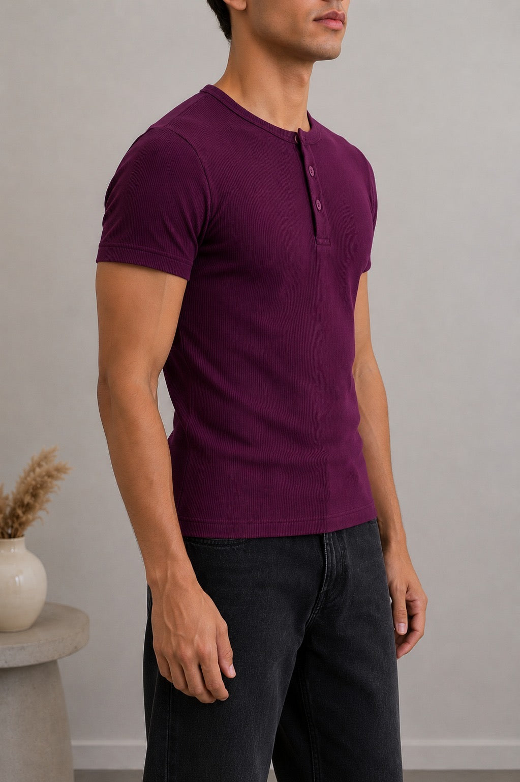 Side view of Wear Anarchy plum ribbed Henley shirt for men with short sleeves and three-button placket