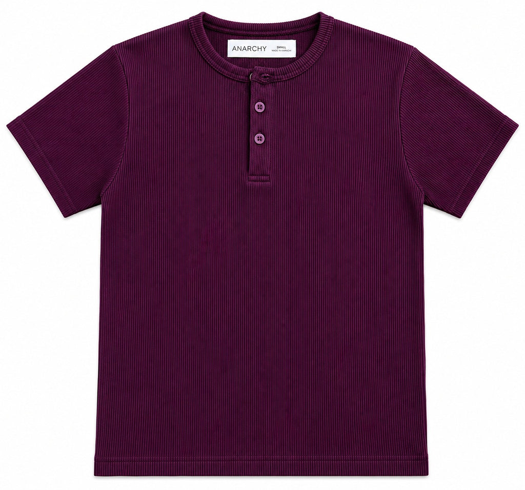 Wear Anarchy plum ribbed Henley shirt for men with short sleeves and three-button placket front view