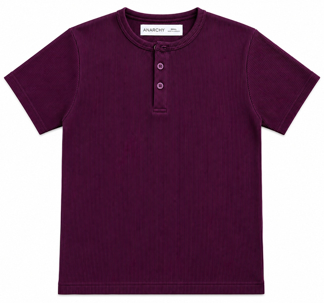 Wear Anarchy plum ribbed Henley shirt for men with short sleeves and three-button placket front view