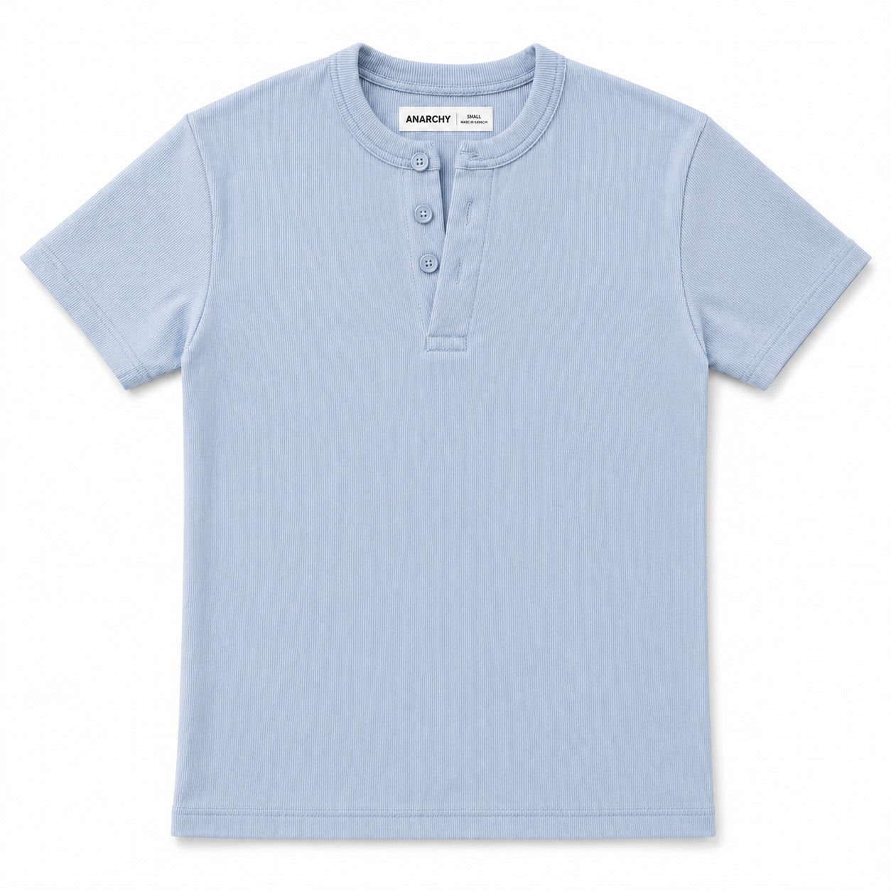 Wear Anarchy sky blue ribbed Henley shirt for men with short sleeves and three-button placket front view