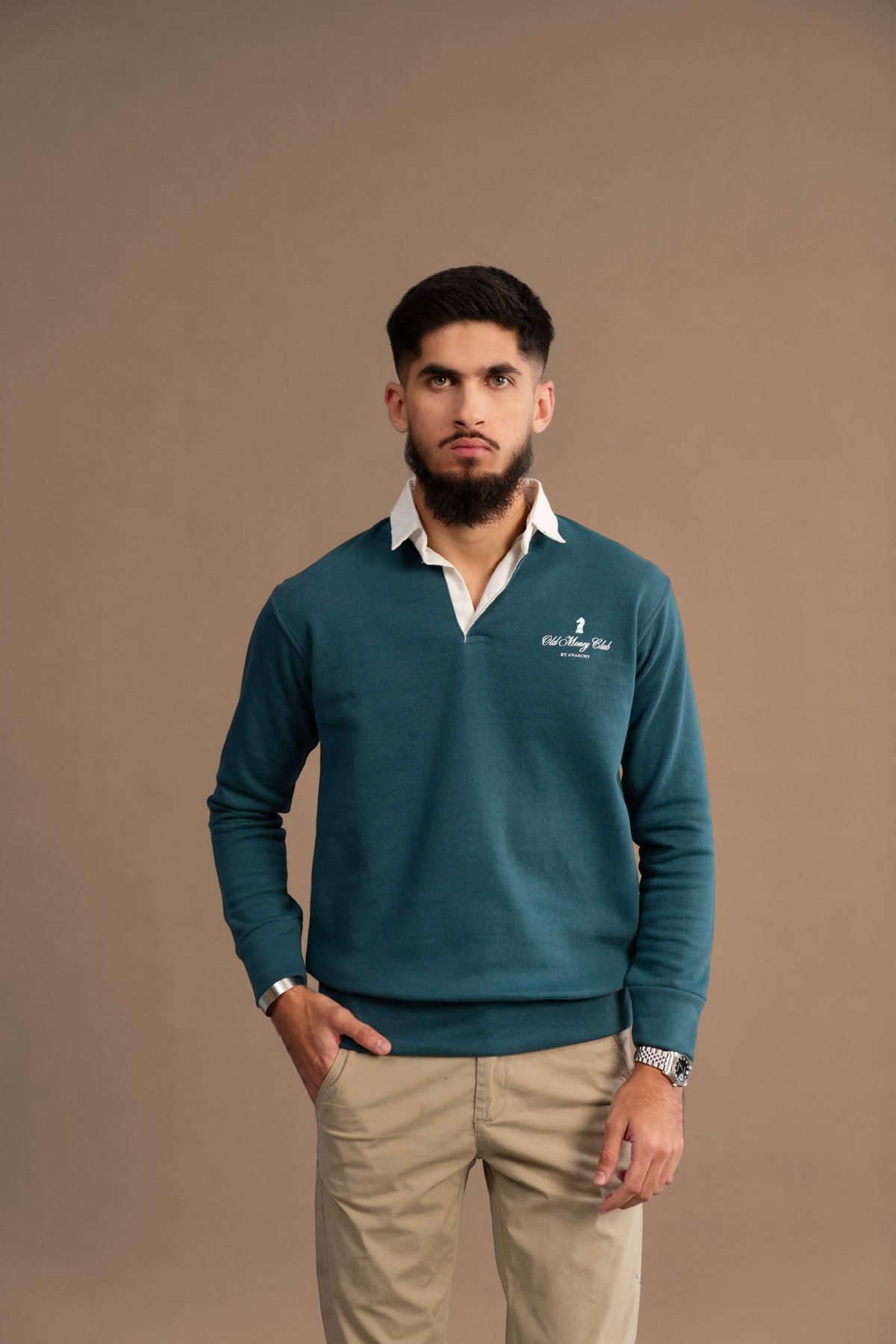 Wear Anarchy Teal Rugby Sweatshirt for men with white contrast collar, ribbed hem and chest embroidery