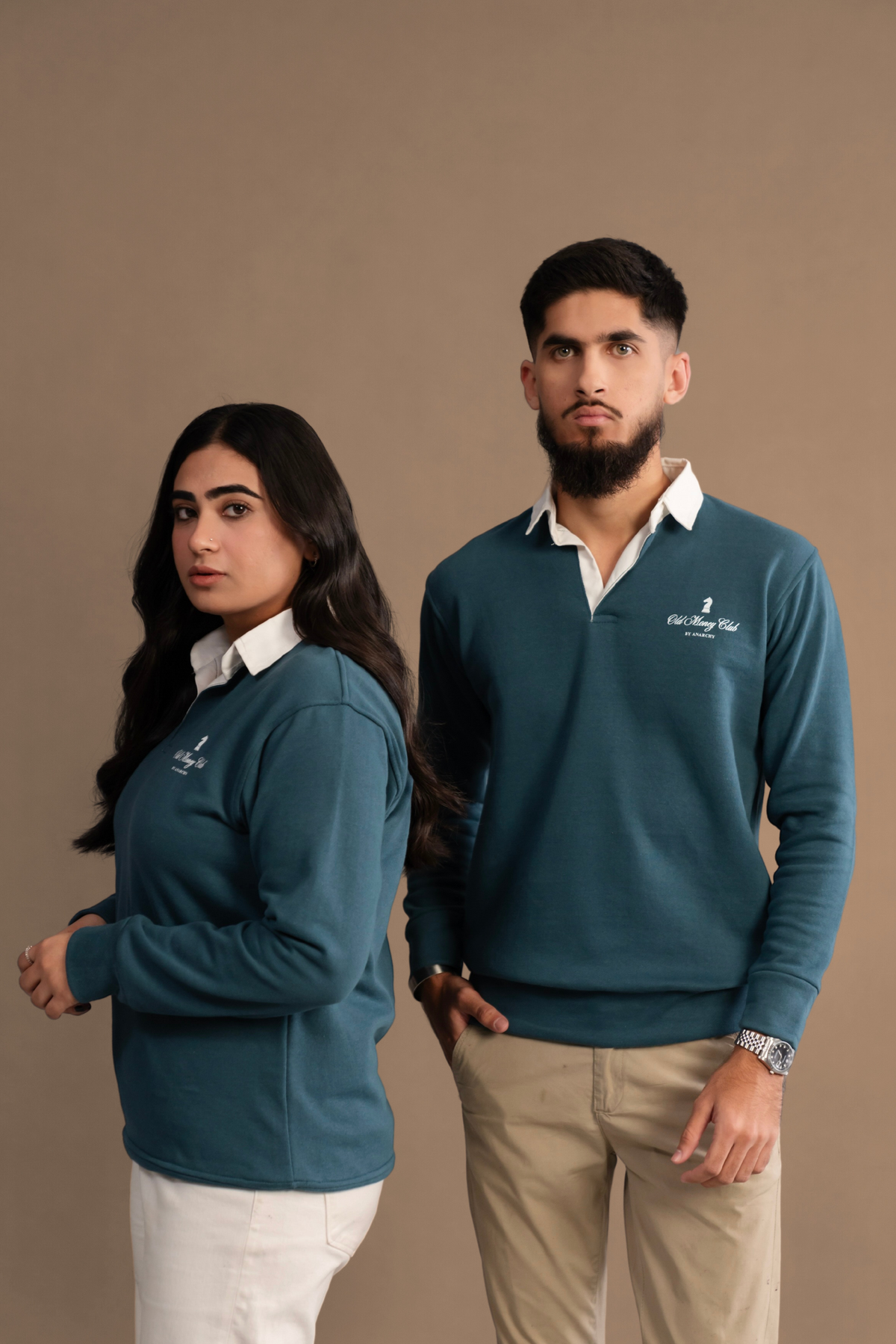 Wear Anarchy Teal Rugby Sweatshirt styled on men and women with white contrast collar and embroidered chest detail