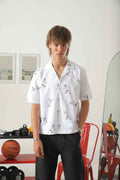 Wear Anarchy white short-sleeve camp collar shirt for men with black artistic print