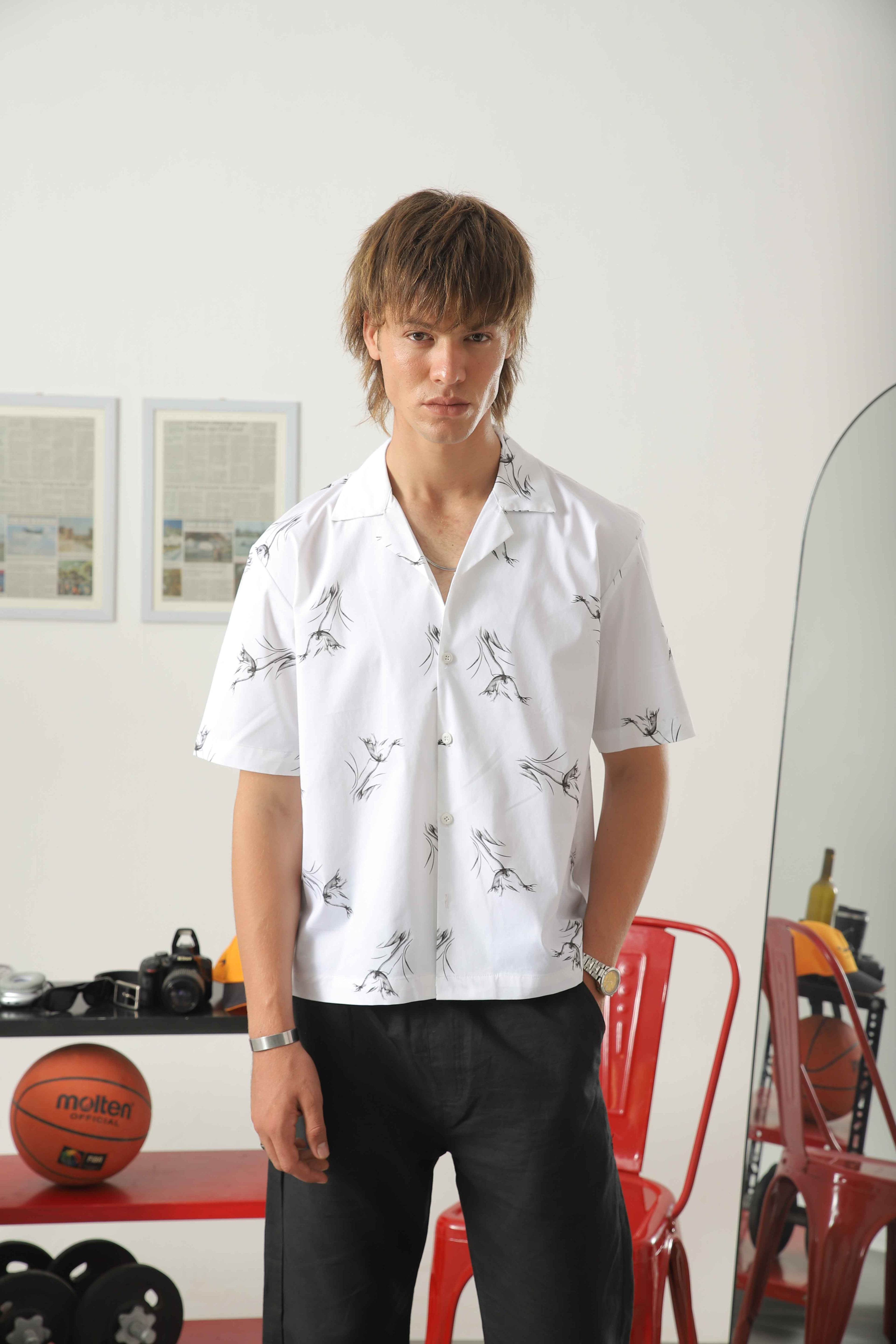 Wear Anarchy white short-sleeve camp collar shirt for men with black artistic print