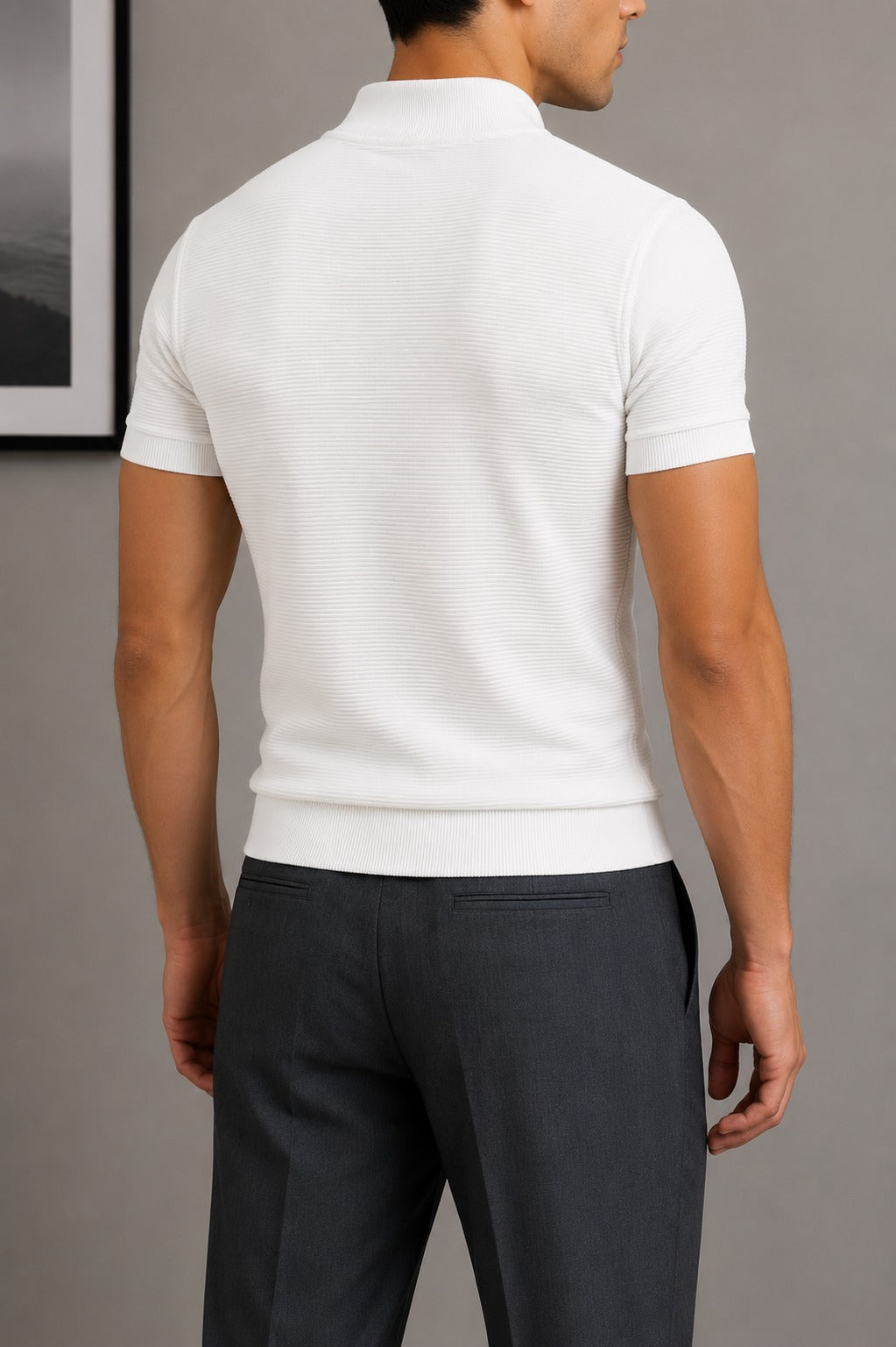 Back view of Wear Anarchy white textured quarter-zip polo shirt for men with short sleeves and ribbed hem
