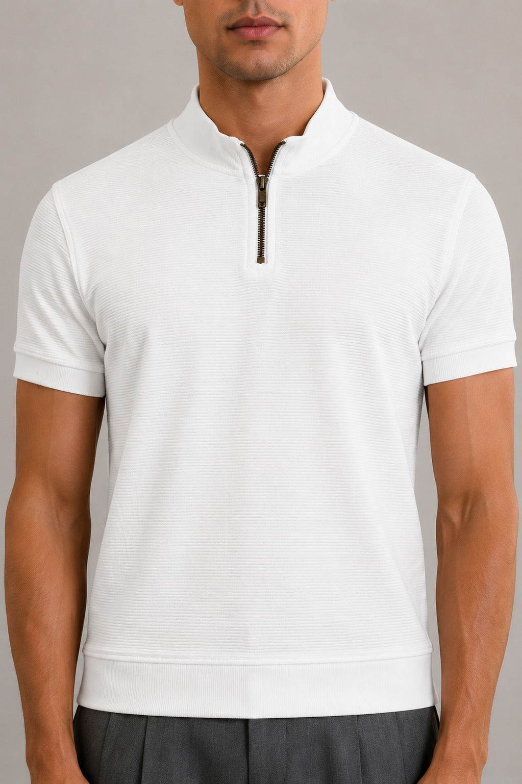 Wear Anarchy white textured quarter-zip polo shirt for men with short sleeves and mock neck