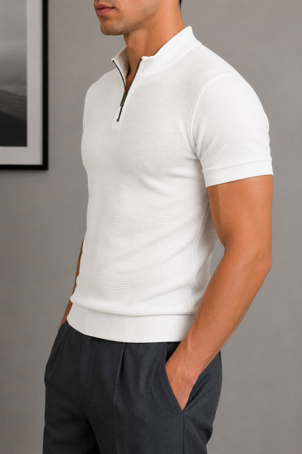 Three-quarter view of Wear Anarchy white textured quarter-zip polo shirt for men with mock neck and ribbed hem