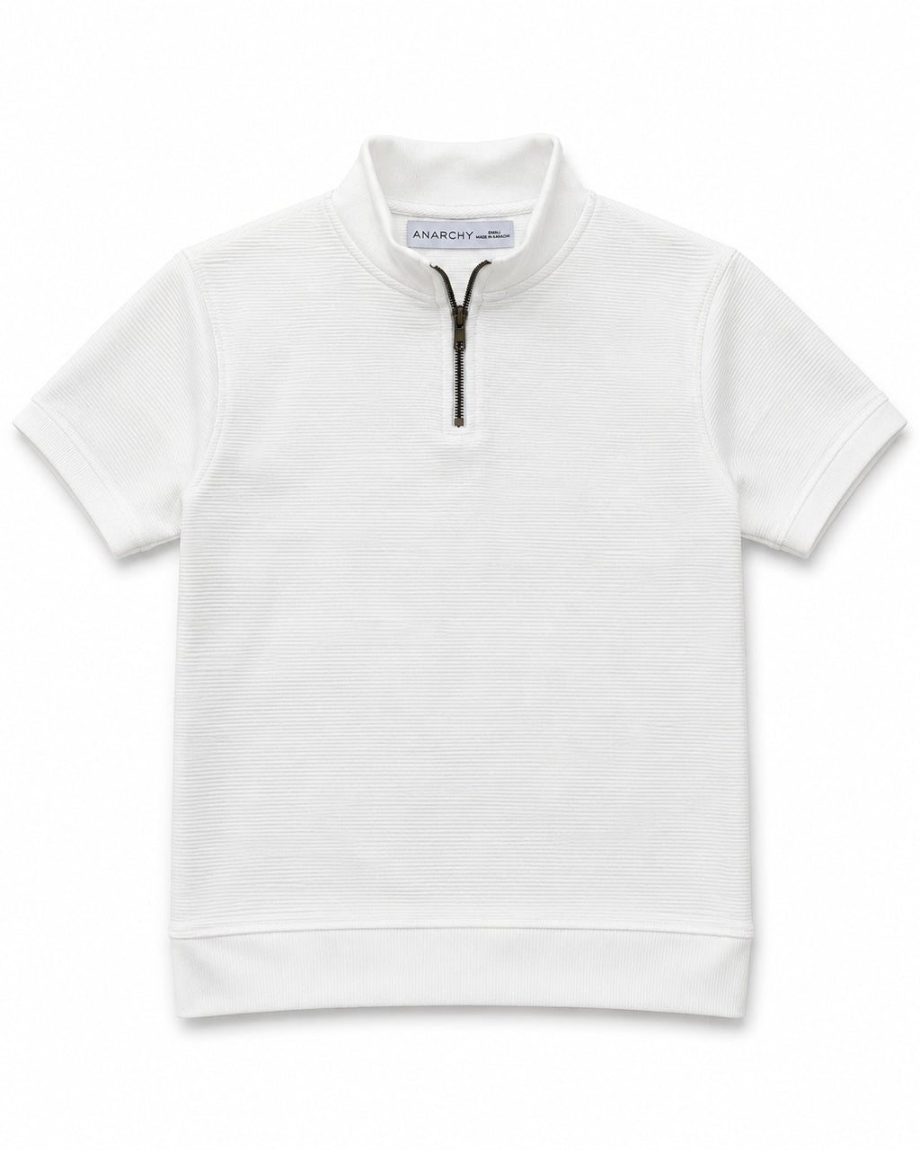 Wear Anarchy white textured quarter-zip polo shirt for men with short sleeves and mock neck front view