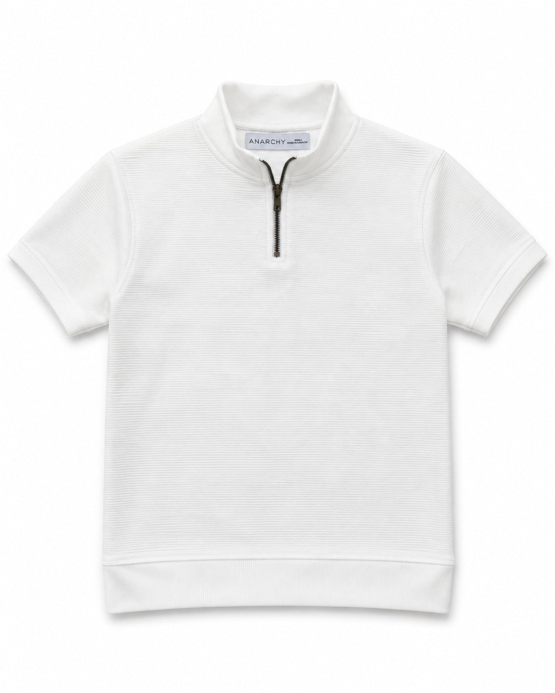 Wear Anarchy white textured quarter-zip polo shirt for men with short sleeves and mock neck front view
